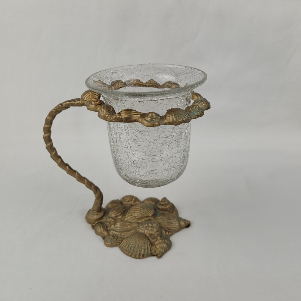 Vintage Brass Shell Candle Holder with Crackle Glass Hurricane Nautical Decor
